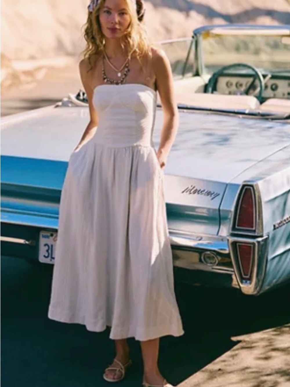 Free People Strapless White Midi Dress with Flowing Skirt